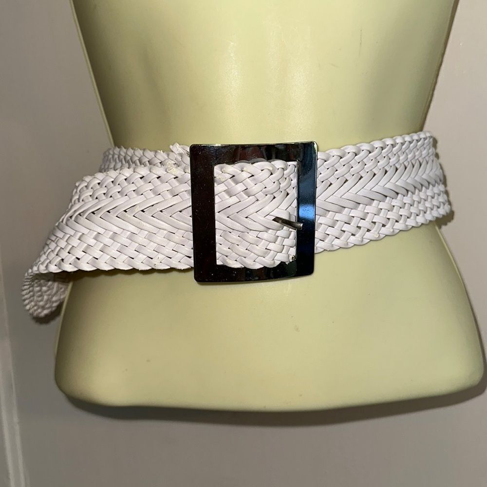 Faux/veganโ leather white wide woven belt withโsquare silver buckle